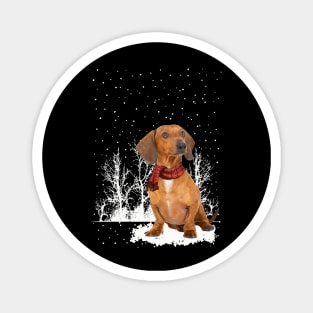 Christmas Red Dachshund With Scarf In Winter Forest Magnet